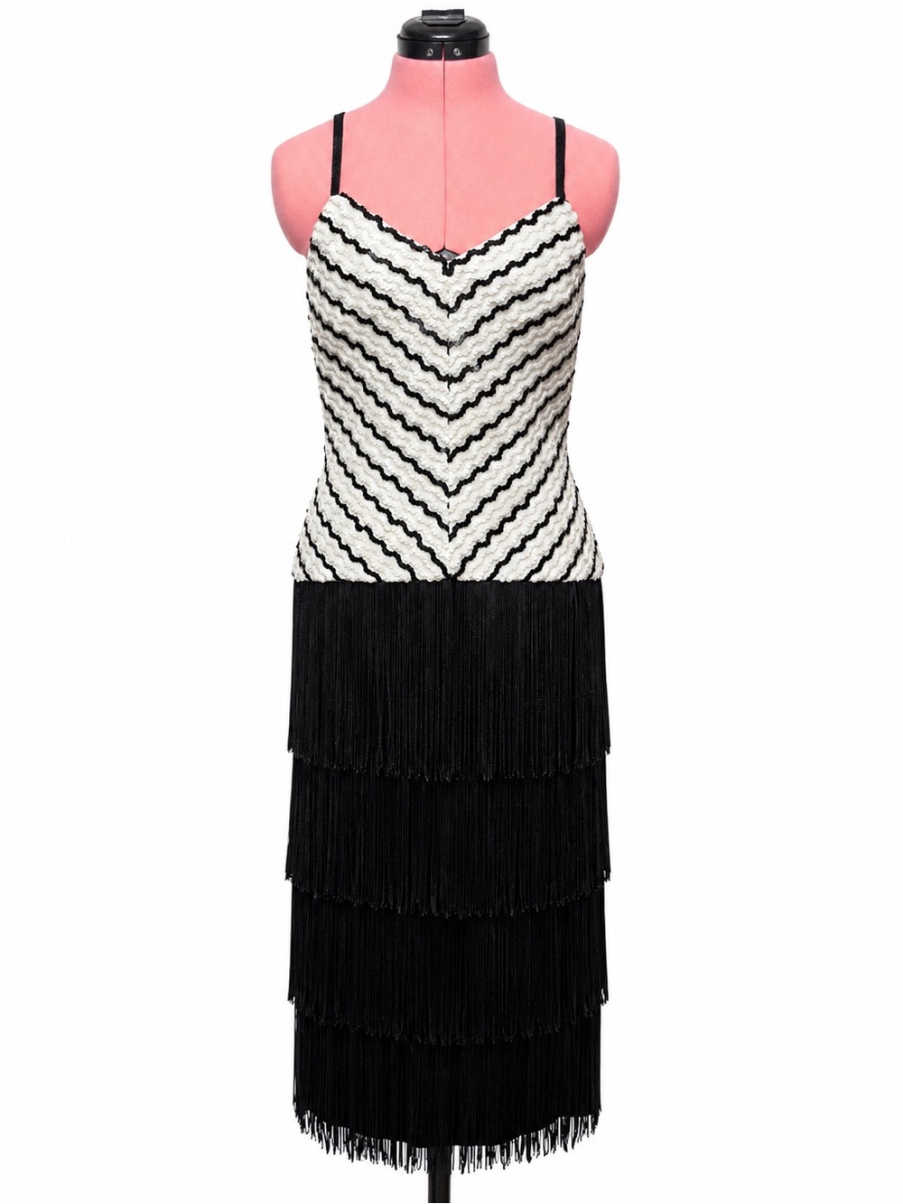 Vintage After Five Sequin & Fringe Dress | Black & Ivory Art Deco Glam